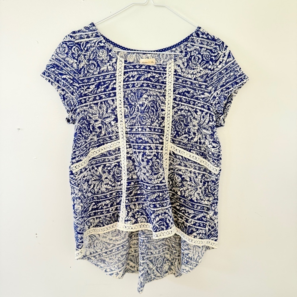 Anthropologie Meadow Rue Blue and White Patterned Top